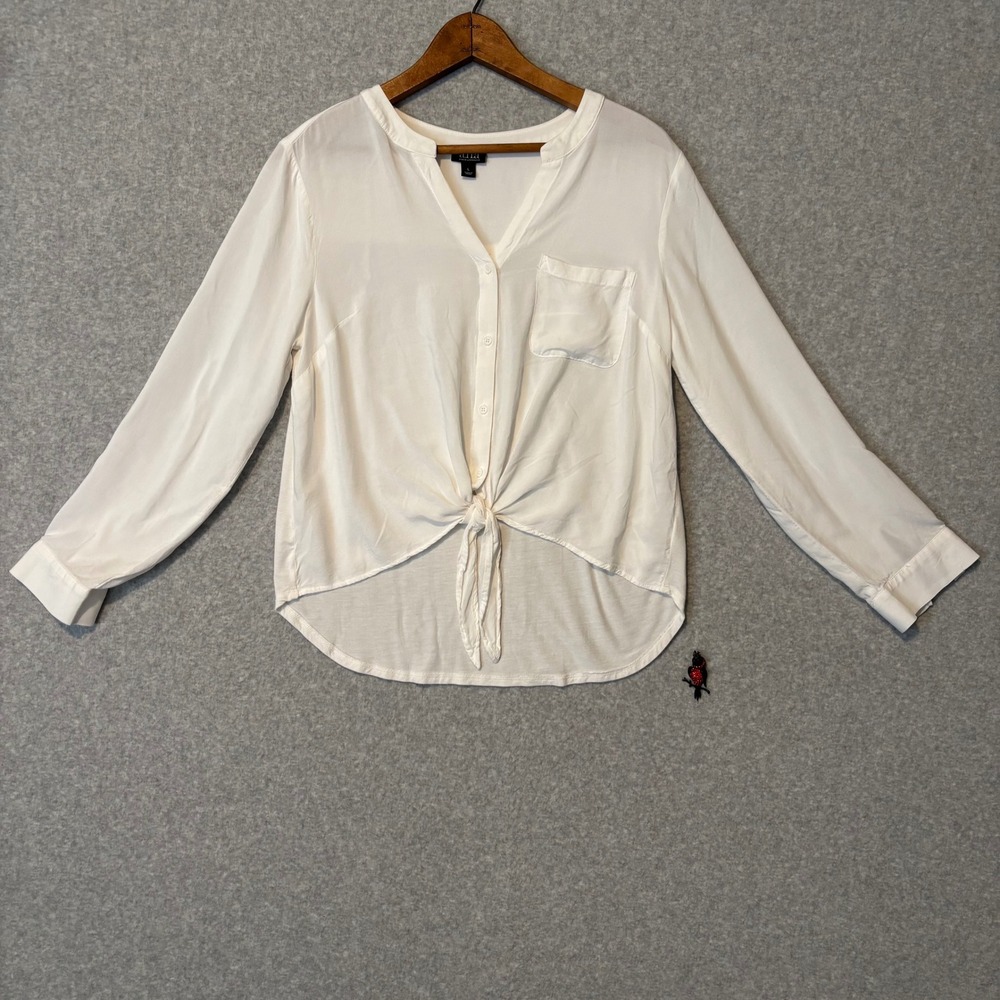a.n.a A New Approach Women's Large Long Sleeve‎ Tie Front Blouse White Top Shirt